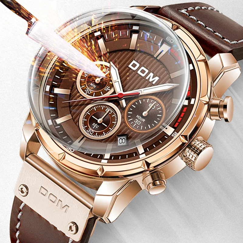 

DOM Sapphire Sport Watches for Men Glod Top Brand Luxury Military Leather Wrist Watch Man Chronograph Wristwatch M-1320GL-5M