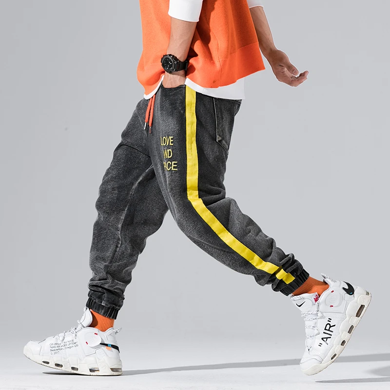 Pantalones vaqueros con rayas amarillas para hombre, ropa de calle para correr, diseño de letras, primavera 2021|Pantalones informales| AliExpress