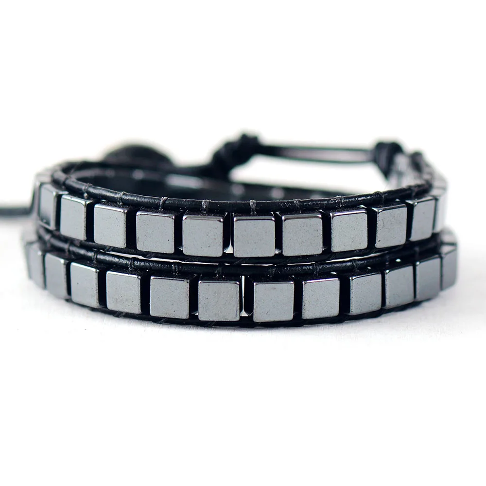 Men Leather Bracelets Square Hematite Stone 2 Strands Weaving Leather Wrap Bracelet Punk Wristband Bracelet Men Couples Jewelry