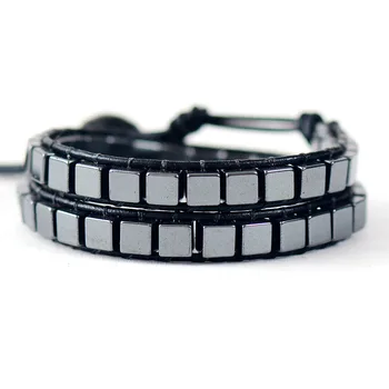 Men Leather Bracelets Square Hematite Stone 2 Strands Weaving Leather Wrap Bracelet Punk Wristband Bracelet Men Couples Jewelry