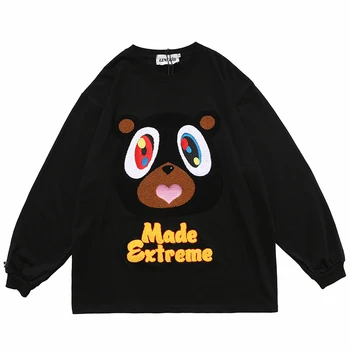 

Men Hip Hop Oversize T Shirts Hairy Heart Bear Embroidery Harajuku Streetwear TShirts Long Sleeve Fashion Loose Cotton Tops Tees