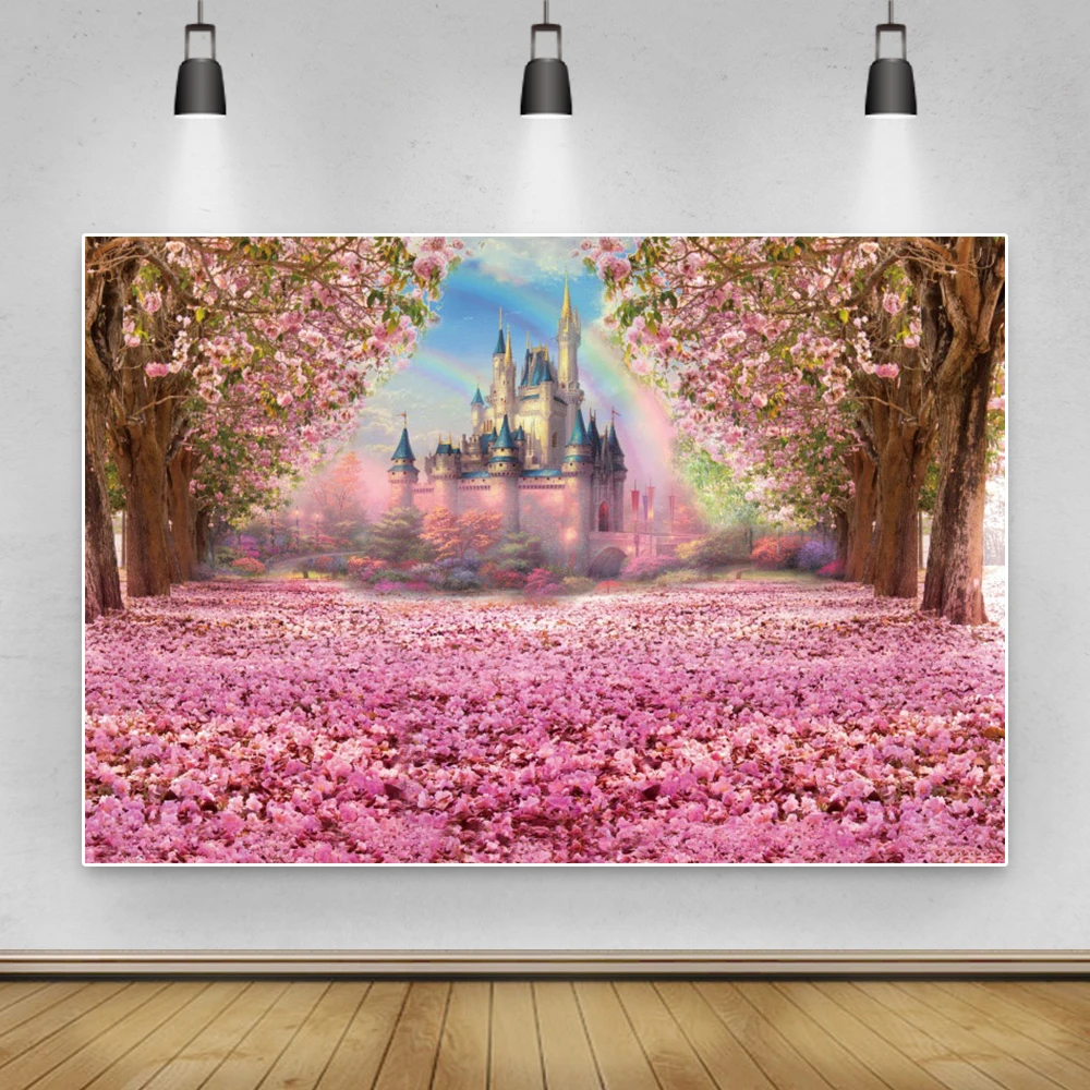 

Laeacco Fantasy Pink Flowers Blossom Castle Photography Backdrops Tree Rainbow Baby Portrait Photocall Backgrounds Photo Studio