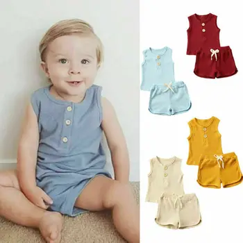 

Summer Casual Cotton Toddler Baby Girls Boys Clothes Set Solid Striped Vest Top T-shirt+Shorts 2Pcs Kids Children Home Outfits