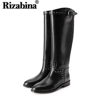 

RIZABINA Knighting Boots For Women Real Leather Knee High Boots Fashion Black Buckle Winter Shoes Women Casual Flats Size 34-39