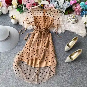 

Elegant Summer Dress for Women Clothes 2020 Korean Boho V Neck Midi Long Dress + Belt Vintage Ladies Fit Polka Dot Dresses