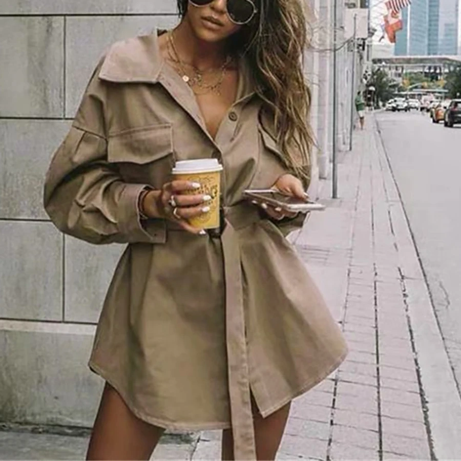 

2019 Autumn Solid Khaki Casual Coats and Jackets Women Turn-down Collar Single Breasted Loose Coat Sashes Cardigan Jackets
