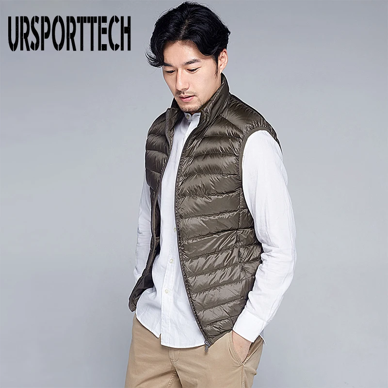 

URSPORTTECH Men Sleeveless Jacket Winter Ultralight White Duck Down Vest Male Slim Vest Mens Windproof Warm Waistcoat Plus Size