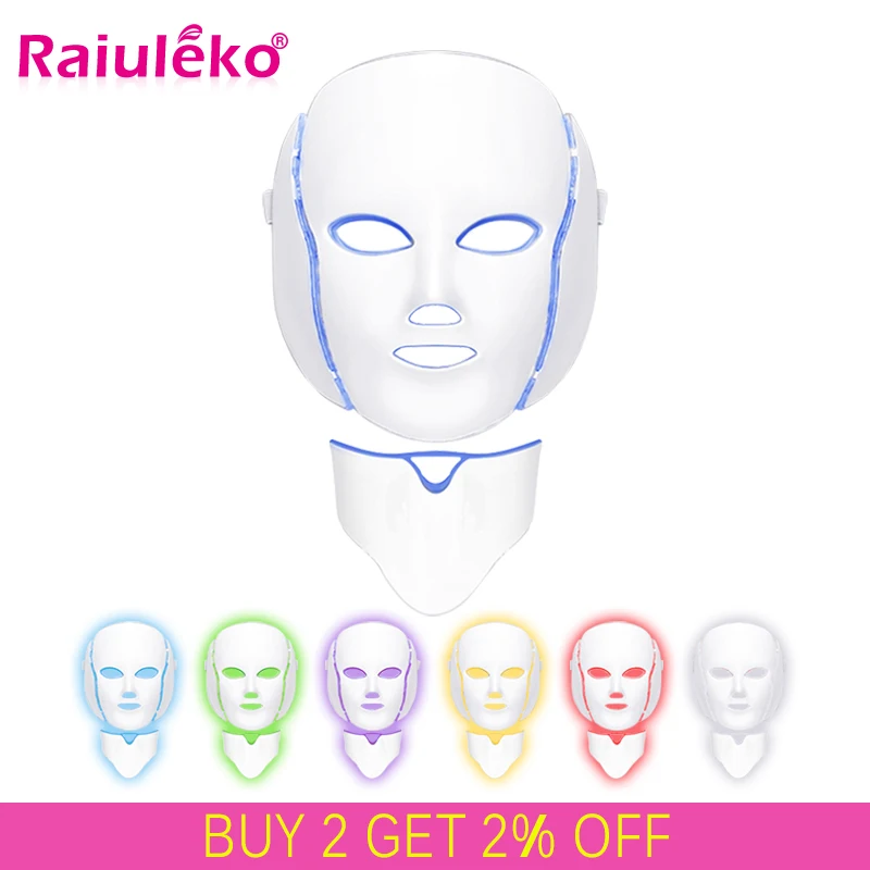 Comprar 7 colores luz LED máscara Facial con cuello rejuvenecimiento de la piel tratamiento cuidado Facial belleza Anti acné terapia blanqueamiento instrumento