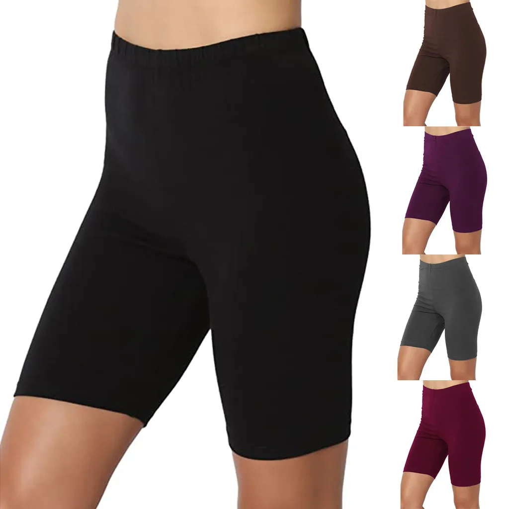 

Shorts Women Summer Sport Solid Mid Thigh Stretch Cotton Span High Waist Active Shorts Woman Plus Size Leggings 2020