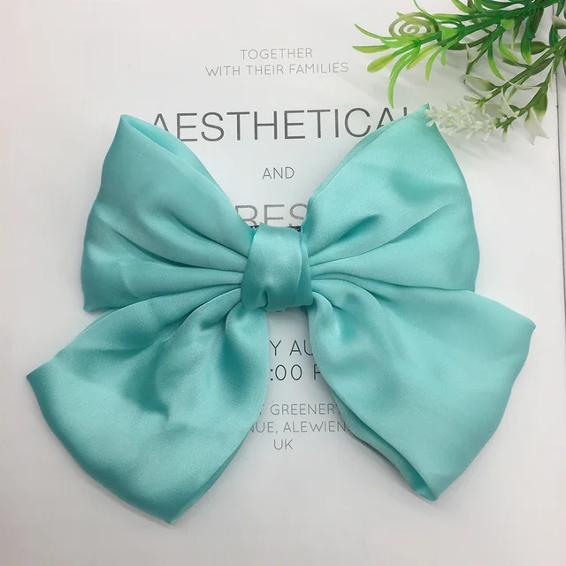 Fashion Ribbon Hairgrips Big Large Bow Hairpin For Women Girls Satin Trendy Ladies Hair Clip New Cute Barrette Hair Accessories blue-green