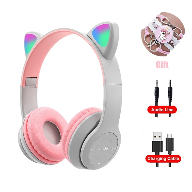 Pink Girl Wireless Headphones RGB Cute Cat Ears Headset With Microphone Noise Cancelling Kid Stereo Music casco Children's Gifts Gray Set