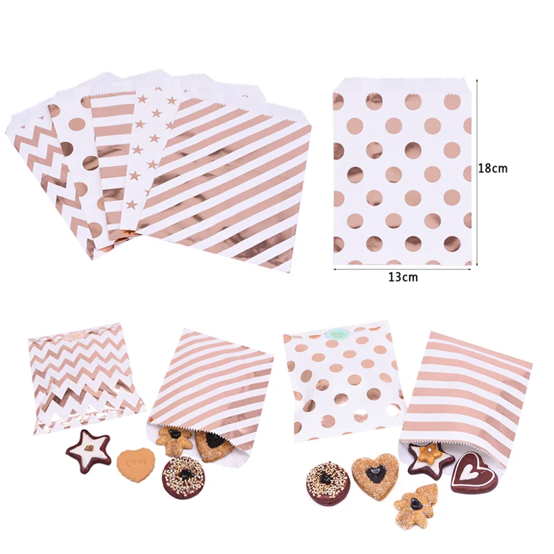

25pcs Rose Gold Kraft Paper Bag Polka Dot Wave Stripe Candy Bakery Bags For DIY Wedding Birthday Party Gift Packing Deco Supply