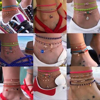 Tocona Bohemia Colorful Layered Handwoven Rope Anklet Bracelet on the Leg Boho Beach Anklet for Women Ankle Accessories