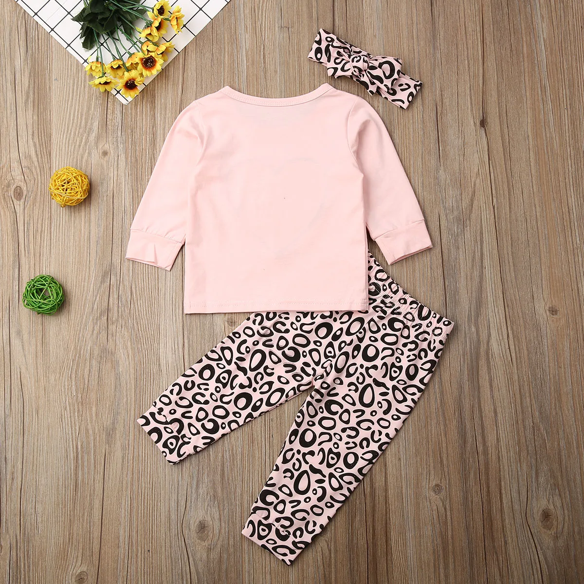 Осенние милые комплекты одежды для маленьких девочек, 3 предмета, Розовый пуловер с леопардовым принтом, топы+ штаны+ повязка на голову, От 6 месяцев до 3 лет