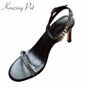 

Krazing pot new rhinestone fashion full grain leather peep toe women summer sandals buckle straps thin high heel beauty lady L03