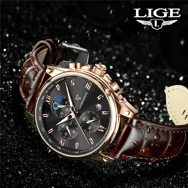 LIGE Fashion Luxury Quartz Men's Watches Casual Sport Leather Band Man Wristwatch Military Waterproof Luminous Clock Chronograph