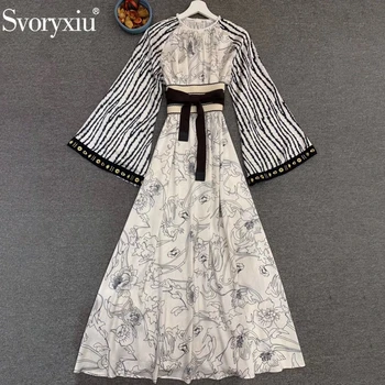 

Svoryxiu Runway Designer Fashion Female Spring Striped Print Vintage Dress Women Flare Sleeve Bow Sashes Elegant Long Dresses
