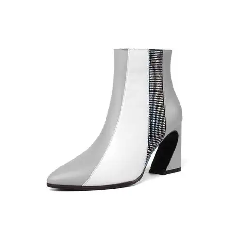 Light Grey Разноцветные, серые, черные, белые, серебристые кожаные зимние сапоги в стиле пэчворк; женские сапоги с острым носком на необычном высоком каблуке; Botas Mujer; боковая молния - Цвет: Light Grey