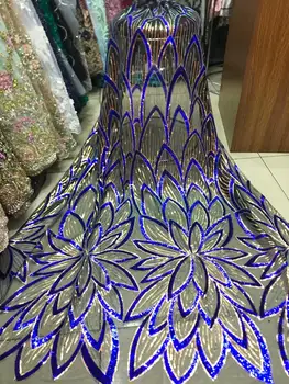 

Royal Blue Gold Latest African Tull Lace Fabrics 2019 Nigerian Net Lace Fabric with Sequins Sequence Lace for Women Dress