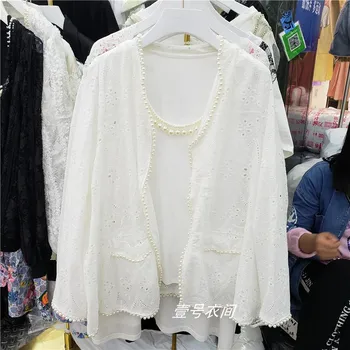 

European Lace Jacket Woman 2020 Spring and Summer New Pearl Beaded Hook Flower Hollow Thin Open Lace Coat Small Fragrance Coats