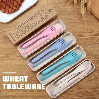 

3pcs/set Portable Travel Cutlery Box Wheat Straw Knife Fork Spoon Sets With Case Student Dinnerware Utensils For Kids