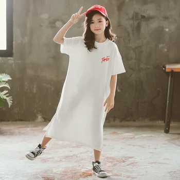 

YourSeason 2020 Summer Girls Long Blouse Dresses Korean Simple Teen Kids Letter Printing Dress Loose Baby Casual White Clothes