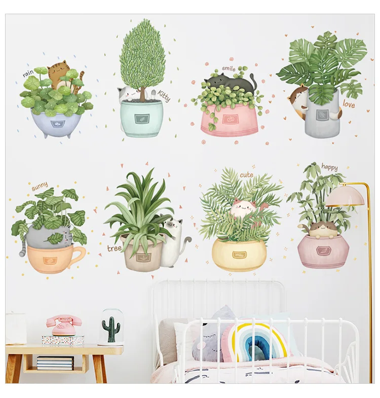 Pink and Green Flower Pot Wall Stickers for Living room Bedroom Kitchen Dining room Decor Removable PVC Wall Decals Wall Decor