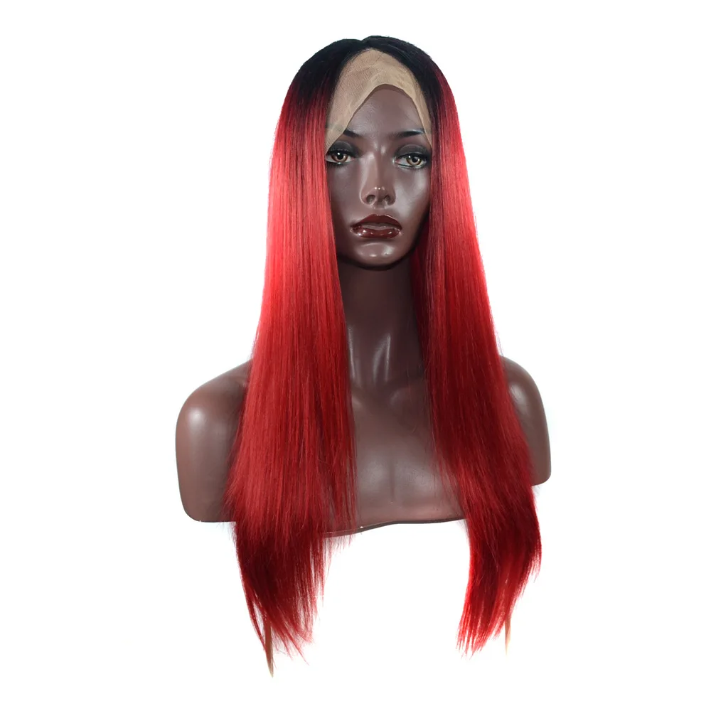 Dianteira do Laço de Fibra Peruca do Laço Boymia Peruca Sintética Preto Vermelho Longo Cabelo Reto Centrado 3 Perucas sintéticas