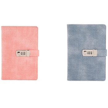

2x Password Notebook Paper Lockable Book PU Diary Lock Traveler Journal Weekly Planner(Pink&Denim Blue)