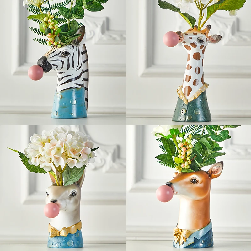 

Cartoon animal head juicy flowerpot coffee shop display bubble blowing simulation animal Vase Decoration ZM917