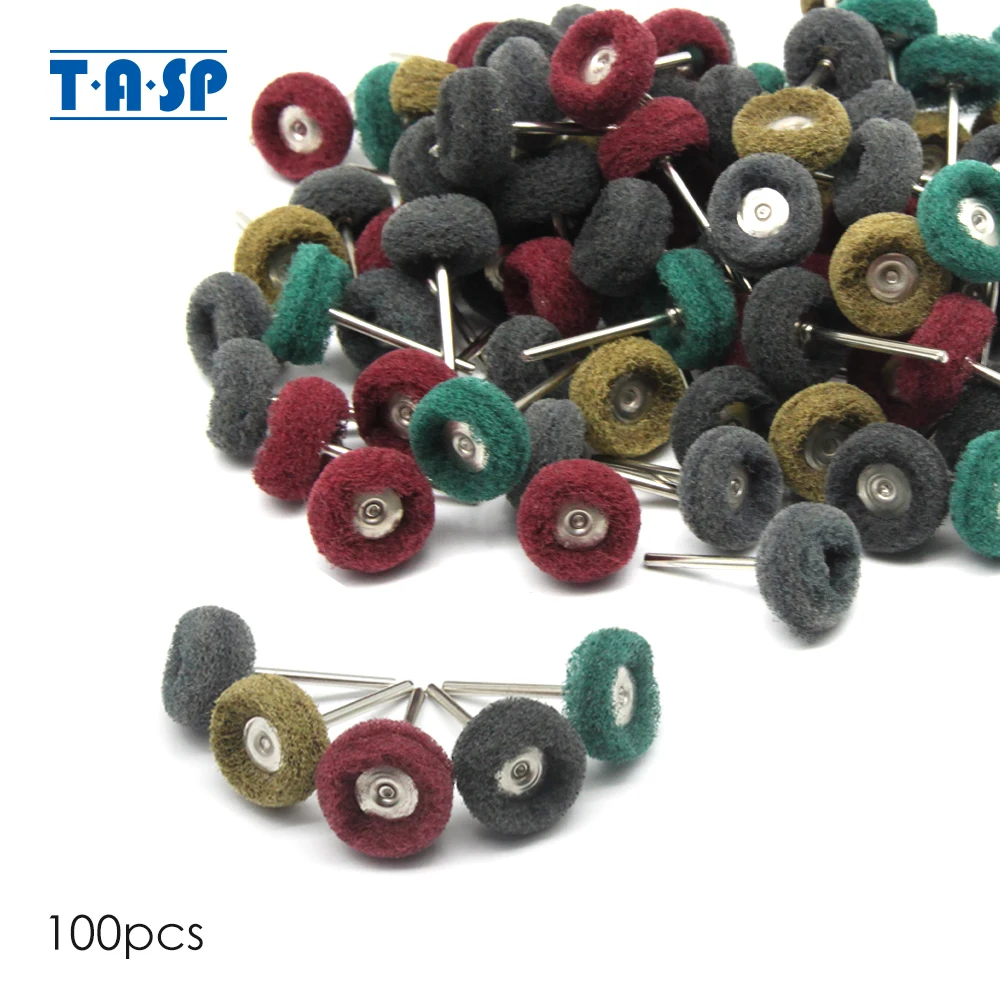 TASP 100pcs Abrasive Wheel Buffing Polishing Wheel Set 3.2mm Shank Metal Polish Scouring Pad For Dremel Rotary Tool Accessories