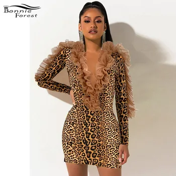 

Bonnie Forest Sexy Ruffles Mesh Spliced Mini Dress Womens Long Sleeve Leopard Print Party Dress Night Out Vestidos Plus Size