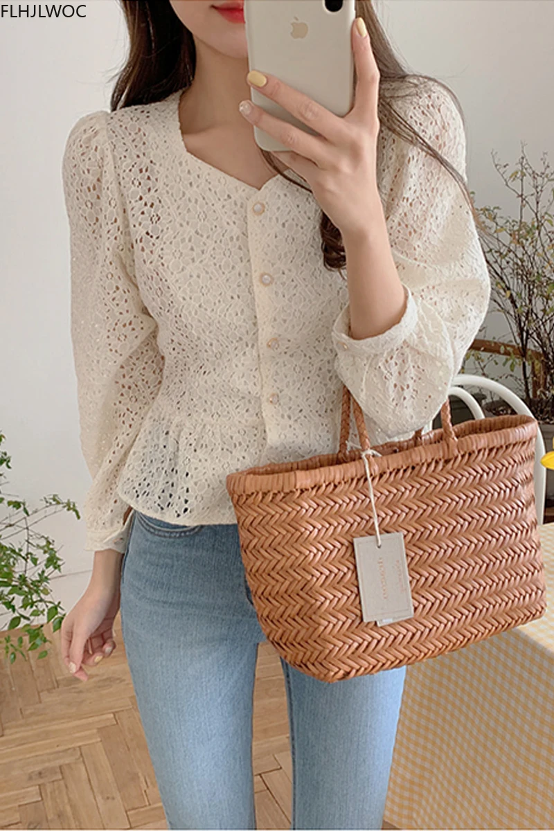 Hollow Out Crochet Lace Chic Short Crop Tops Cute Lolita Sweet Girls Peplum Lace-Up Bow Tie Blouse Single Breasted Button Shirt 5