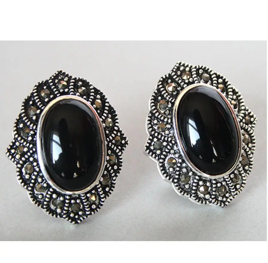 

Hot Sell hot sell new VINTAGE 925 SILVER NATURAL BLACK JADE MARCASITE STUD EARRINGS 1"