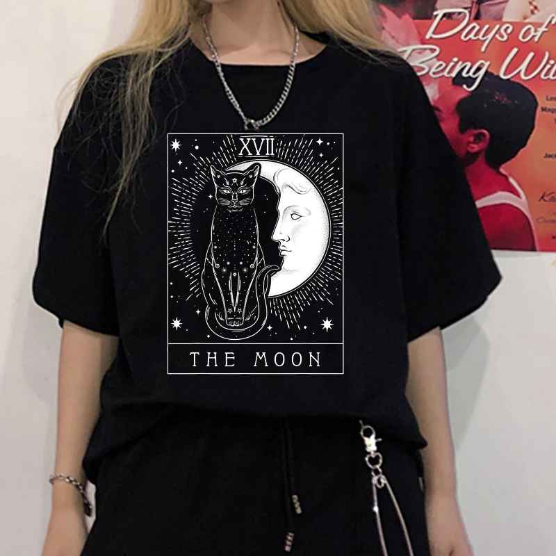 Black T-shirt Women Vintage Grunge Style Tee Tarot Card The Moon And Cat Aesthetic Harajuku Hipster Ulzzang Edgy Graphic Tees | Женская