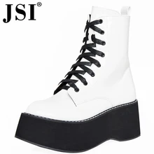 JSI/Зимние Модные женские ботинки Дамская обувь до середины икры на шнуровке с круглым носком из микрофибры однотонные женские ботинки на массивной платформе на молнии, je203