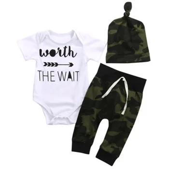 

2019 Army Green Newborn Baby Girl Boy Clothes Romper T-Shirt Long Pants And Hat Outfits 3Pcs