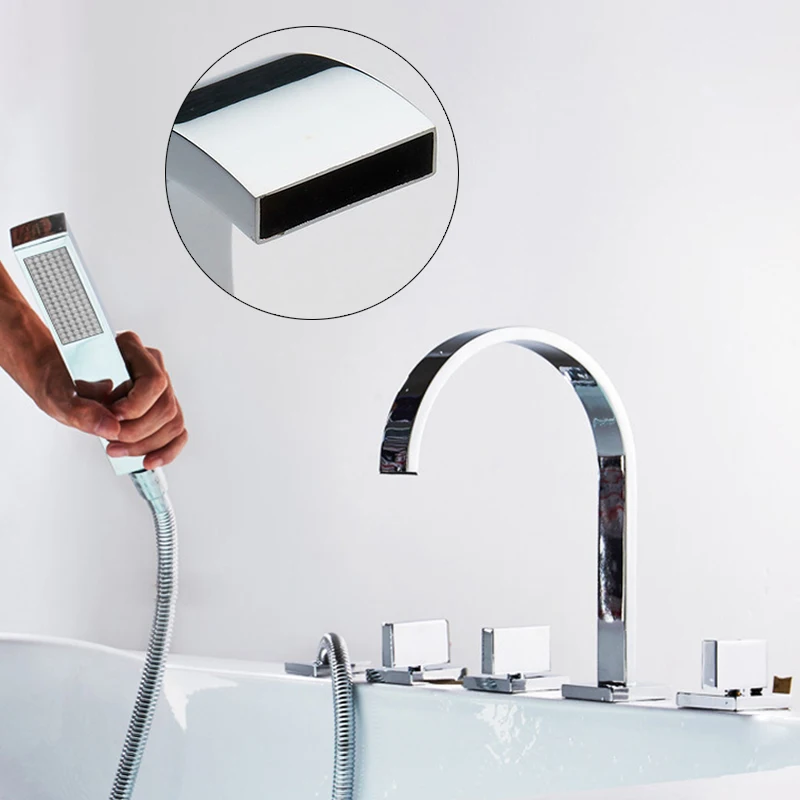 Bathtub Faucets 5 Pieces Mixer for Bath Tub Square 5 Hole Hot and Colder Water Crane with Hand Shower Chrome Finished EL7911