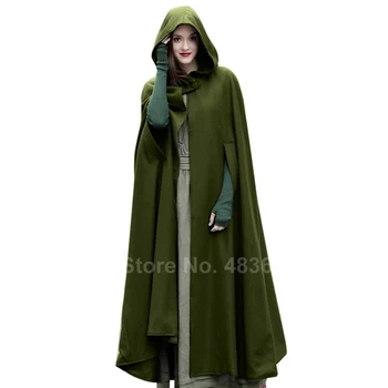 

Winter Women Vintage Hooded Cloak Solid Color Long Cape Medieval Cosplay Costumes Button Closure Wool Blend Cardigan Coat