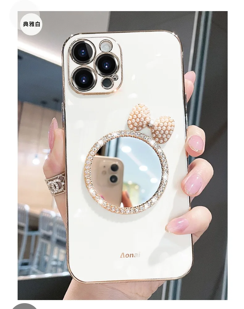 Luxury Brand 3D Makeup mirror Pearl Bow Phone Case For Iphone 12 11 Pro Max 6 7 8 Plus X XR Fashion Plating Glitter Soft Cover