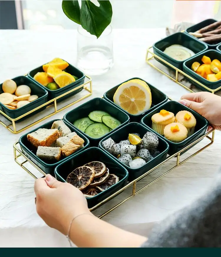 

Nordic Luxury Emerald Ceramic Grid Snack Platter Simple Home Snack Nut Dessert Marmalade Tray Modern Home Living Roomstorage Box
