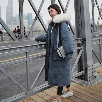 

2019 Women Solid Winter Warm Cotton-padded Girls Long Thickening Loose Coat Female Fur Collar Outwear Harajuku Parkas