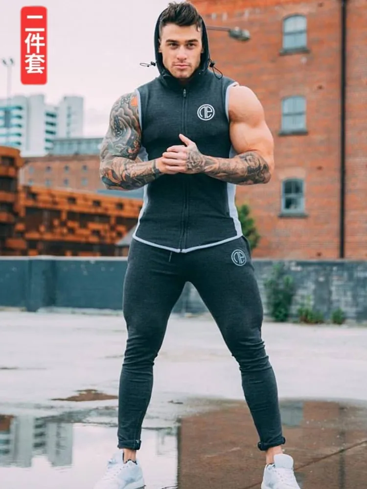 

Healthy Beauty Athletic Pants Fitness Instructor Waistcoat MEN'S Suit Spring And Autumn Hooded Vest Sleeveless Coat Waistcoat