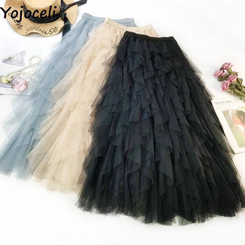 Yojoceli Sexy mesh ruffle high waist skirts womens White lace long party casual skirt female Autumn cool pink skirt bottom