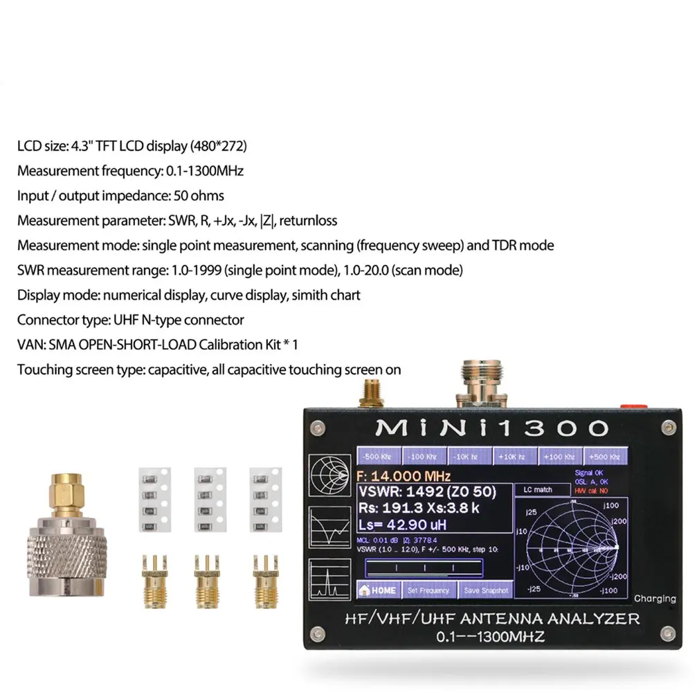 Mini1300 TFT LCD 0.1-1300MHz HF VHF UHF ANT SWR Antenna Analyzer inner Battery Meter Upgrade From MINI600
