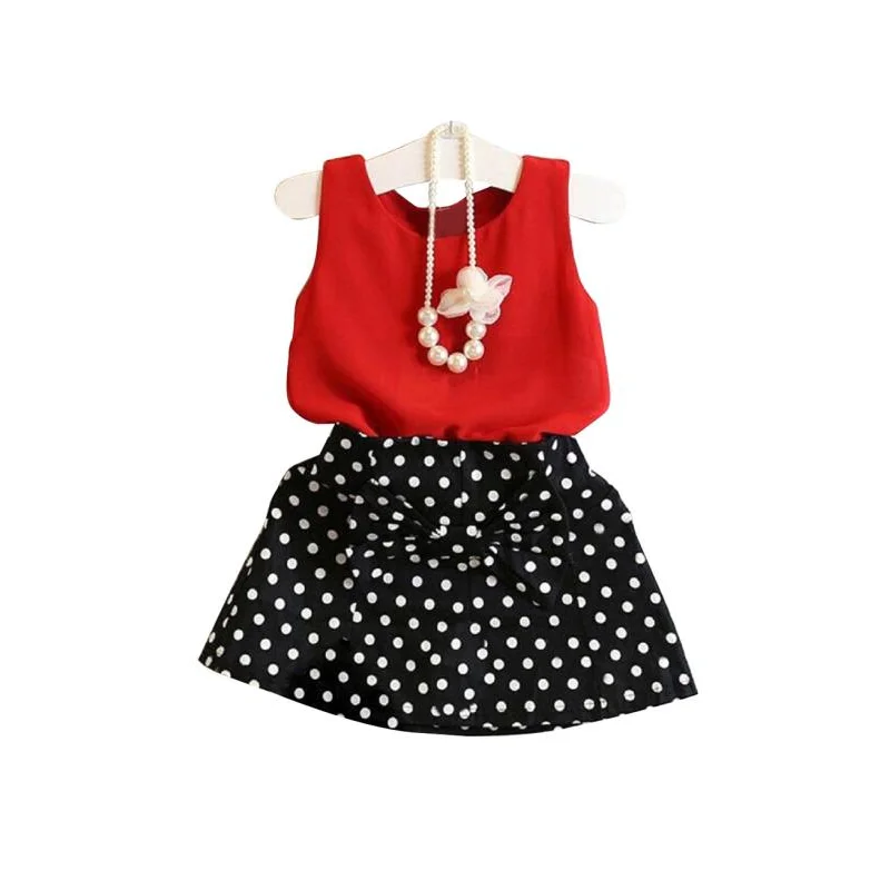 

Infant Kid Girls Vest Pleated Dress Sets 2Pcs Children Girl Solid Sleeveless Top Dot Bow Skirt Suits Cute Fashion Clothes Summer