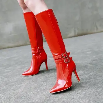 

US4-13 Womens Knee High Thigh Boots Belt Buckle Zip Patent Leather Stilettos Heel Shoes Pointed Toe Plus Size Black Red C370