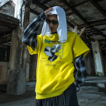 

Autumn and Winter New Creative Sawtooth Print Fake Two-piece Street Stitching Plus Velvet Hooded Sweatshirts