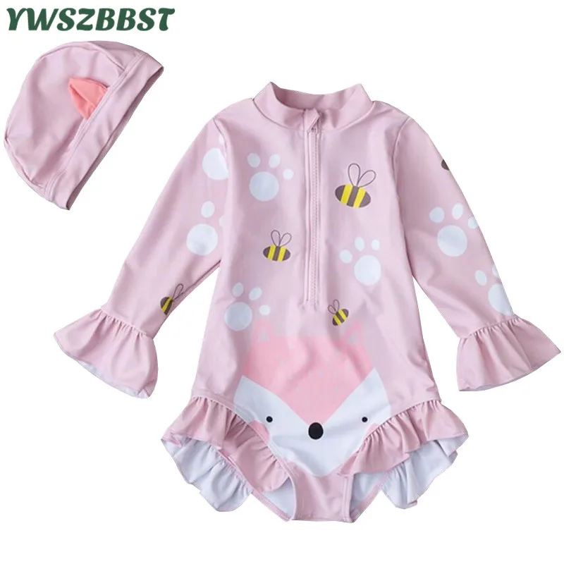 

0~7 Years Baby Swimwear for Girls New Summer Girls Swimsuit Long Sleeve Bathing Suits with Swim cap Children Beach wear