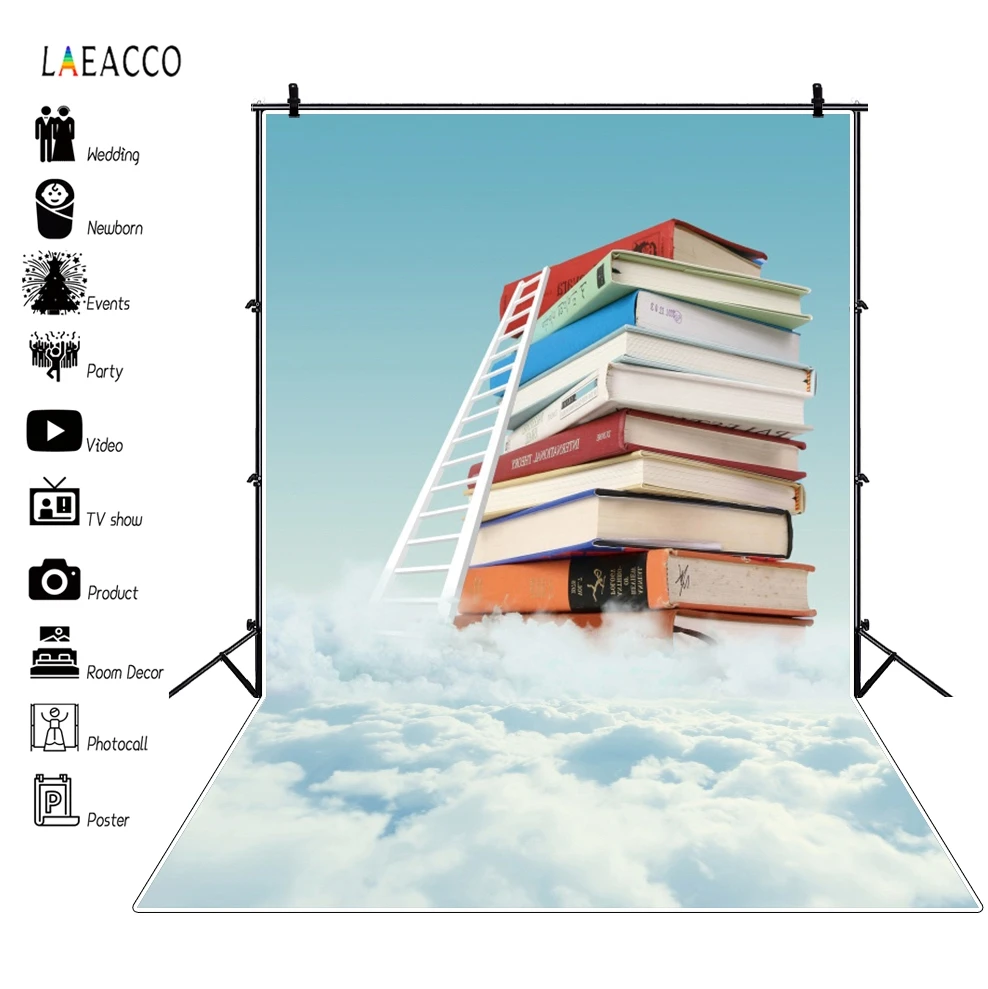 

Laeacco Sky Cloud Ladder Study Books Backdrop Children Back To School Graduation Photography Background Photo Studio Photophone
